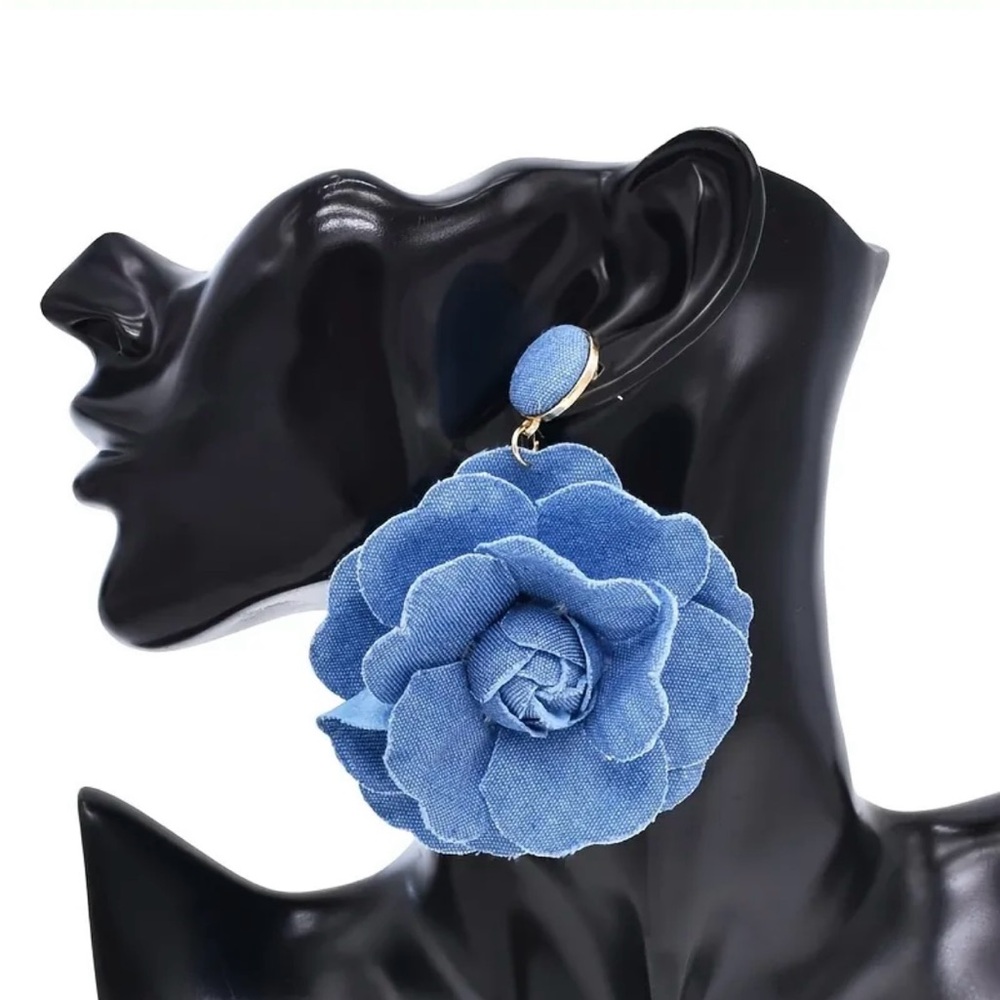 🆕 BoHo - Denim Blue Rose - Exaggerated Dangle Style - Statement Earrings 💙
